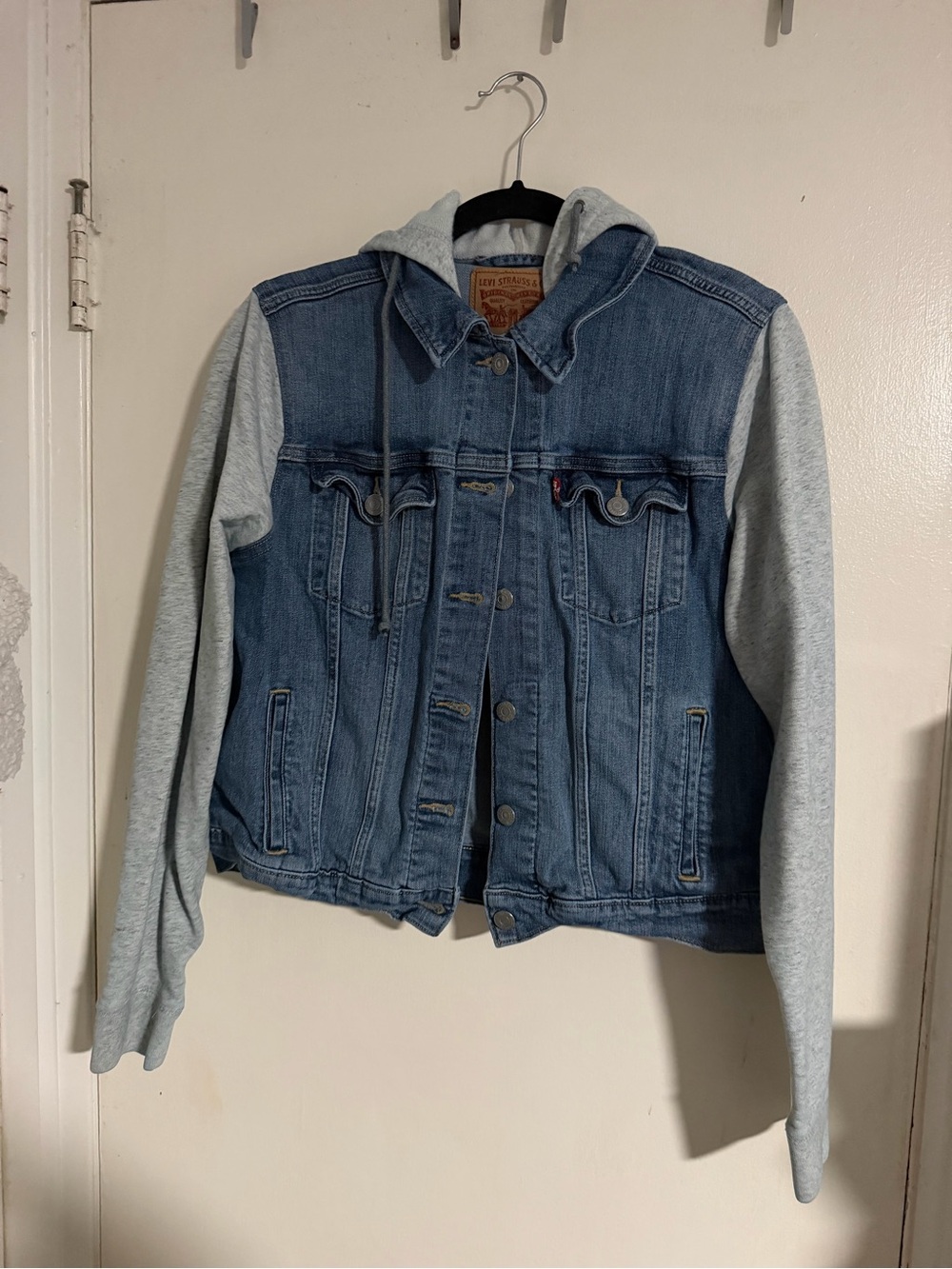 Levi's Hooded Denim Trucker Jacket Medium Wash Heather Grey Sleeves XL